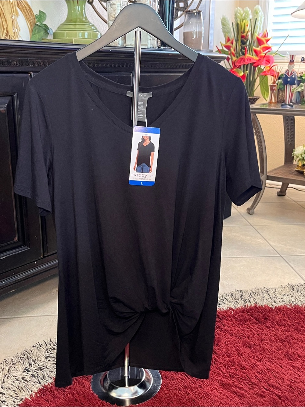 V-Neck Twist Front Tee in Black